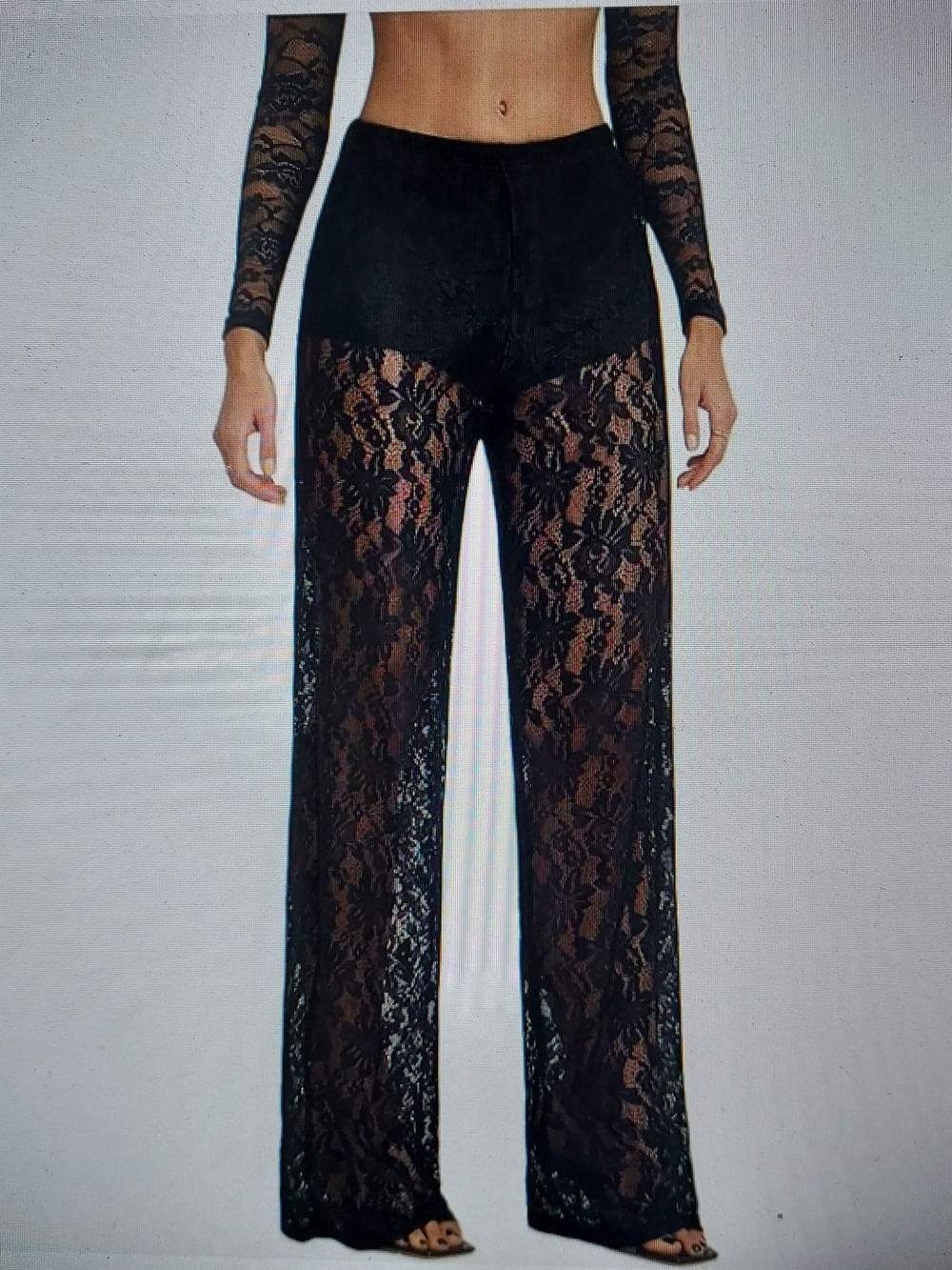 Sheer Black Floral Lace Straight-Leg Pants with Black Modestly Short Sew In. XS